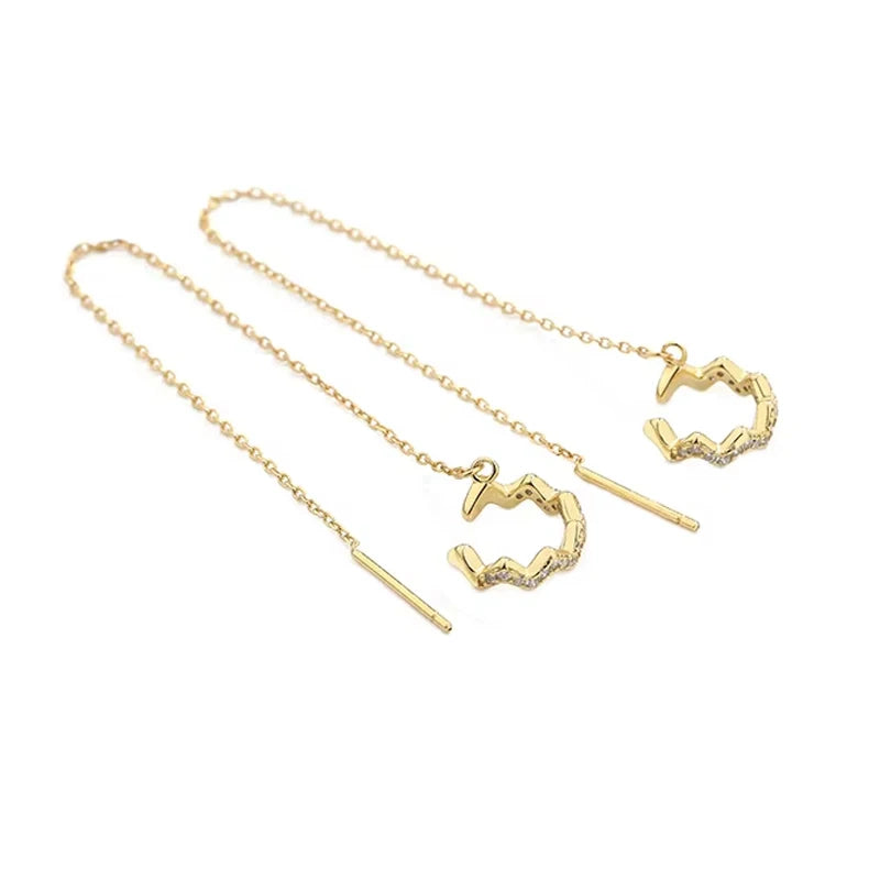 Minimalist Cute 925 Silver Gold Plated Line Chain Tassel Drop Earrings Ear Cuff for Women