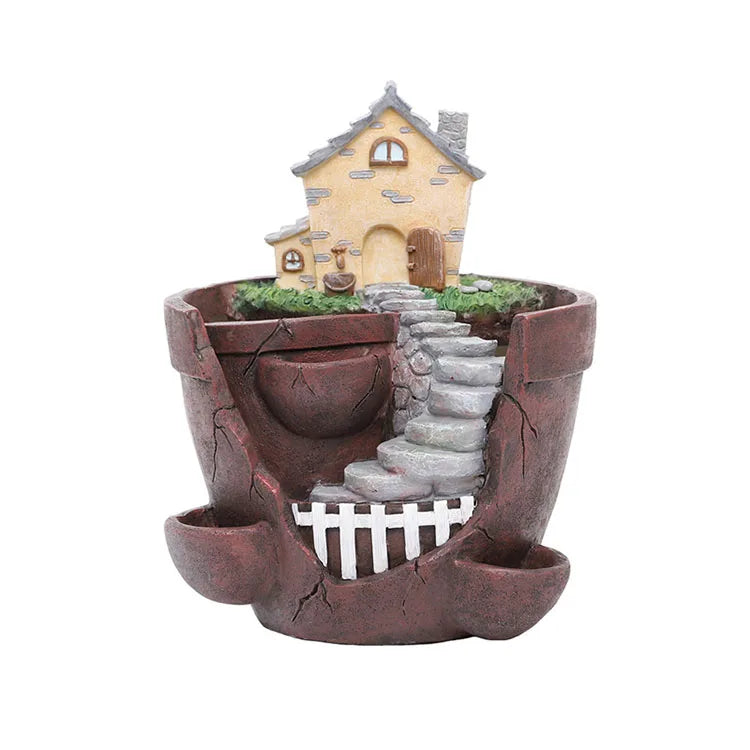 Factory Resin Vintage Garden Planter with Storage Function Succulent Flowerpot House Shaped Desktop Home Decoration for Bonsai