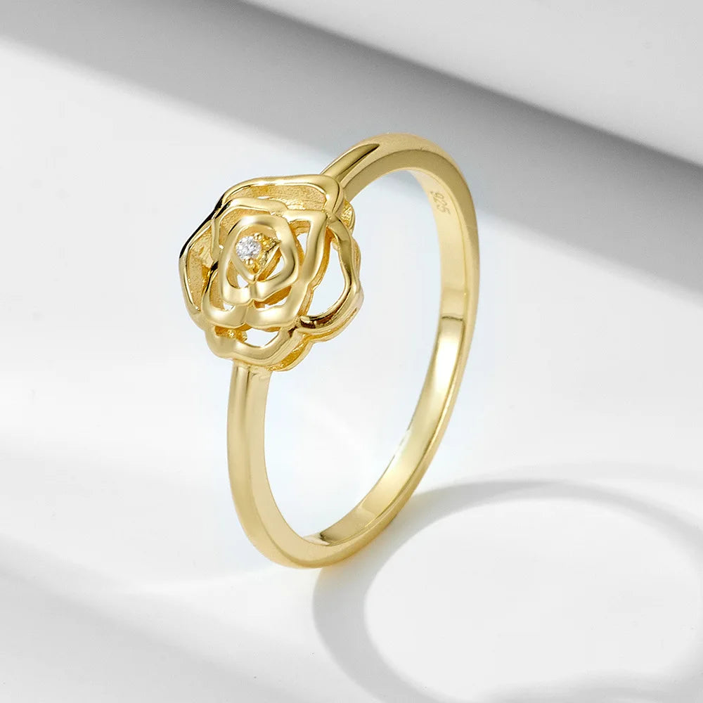 Elegant Rose Shape Gold Plated Camellia Fine Anniversary Jewelry 925 Sterling Silver Flower Eternity Rings Women