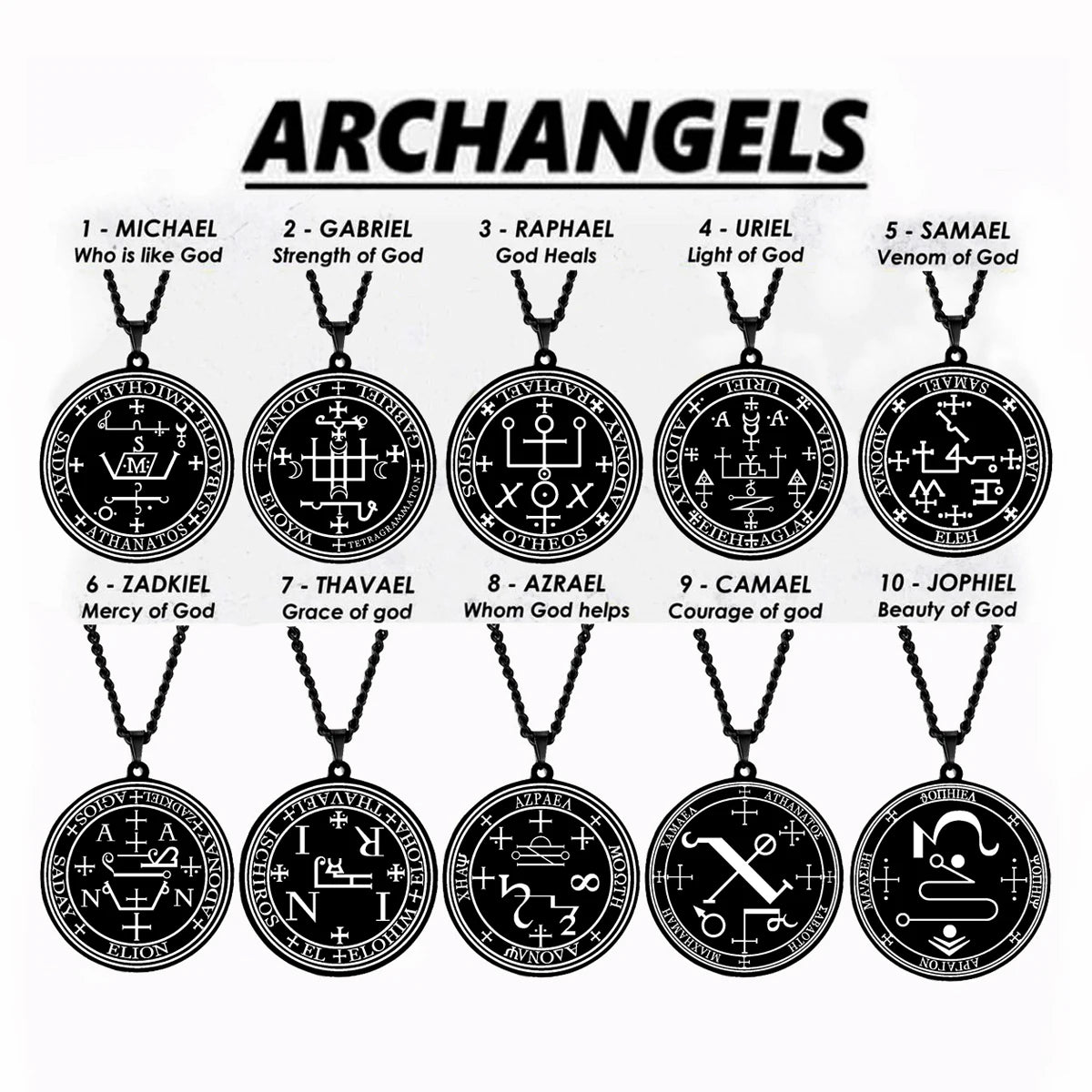 Archangel MICHAEL GABRIEL RAPHAEL URIEL SAMAEL Seal Amulet Talisman Sigil of Angelic Stainless Steel Black Pendant Necklace