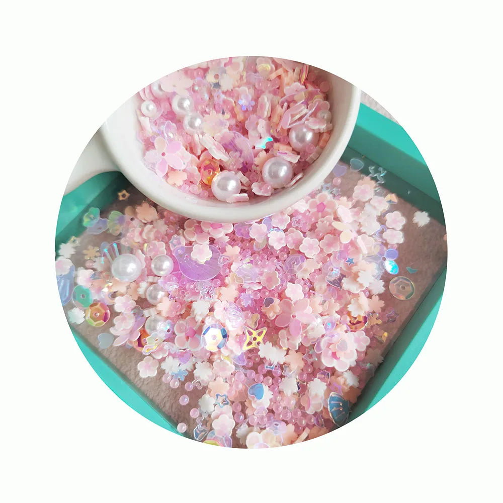 New Luminous Pink Soft Clay Flowers Slices Mix Various Shape Sequins and Pearl Beads for Nail Art Slime Holiday Party Decor