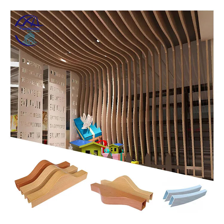 Aluminum Baffle Ceiling Aluminum Wood Grain Profile Baffle System Various Shape Design Metal Strip False Ceiling
