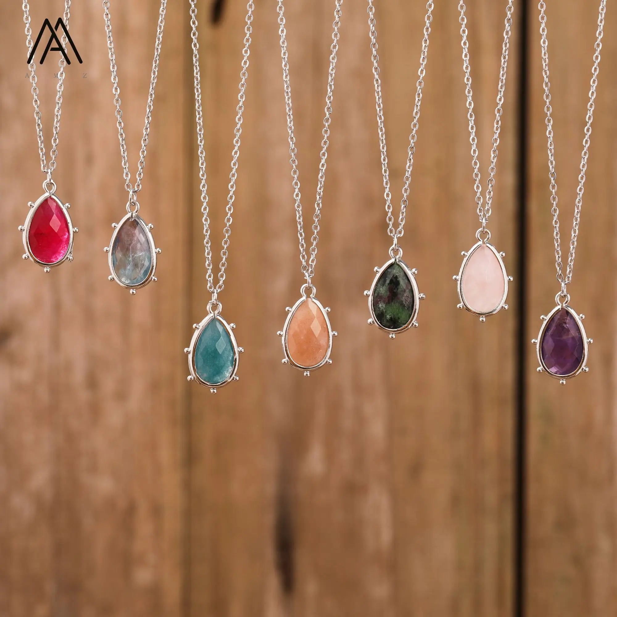 Boho Style Silver Chain Necklace Teardrop Crystal Gemstone Pendant for Weddings Parties Women's Fashion Jewelry Chakra Design