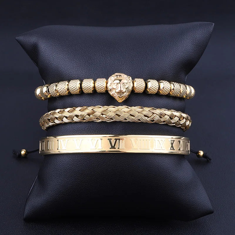 High QualityStainless Steel Bangle Lion Charm Engrave Hip Hop Men Luxury Bracelet Set