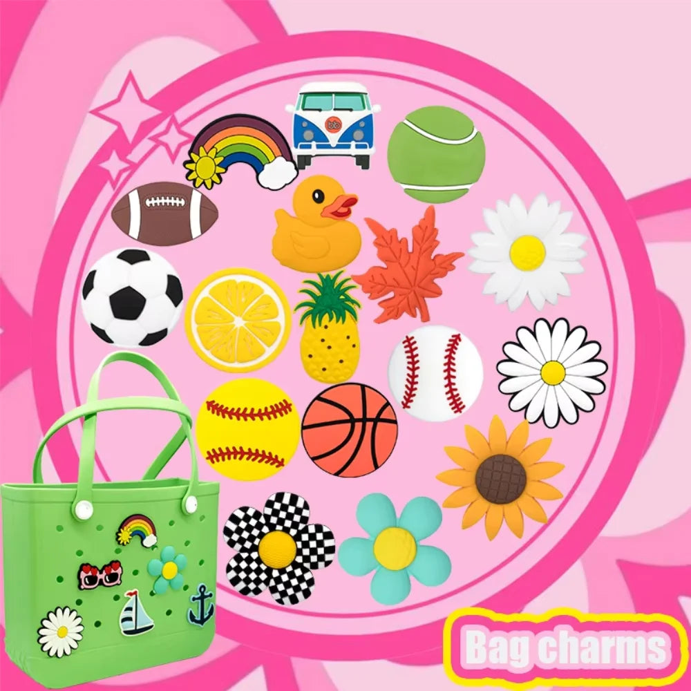 Customizable PVC Beach Bag Charm Big Size Rainbow Sports Flowers and Number Rubber Button Accessory for Bus & Beach