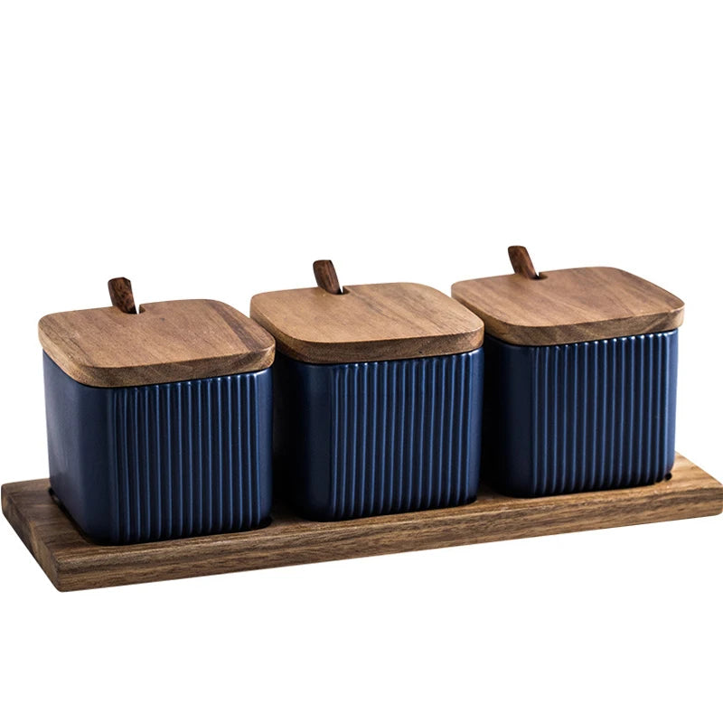 Porcelain Spice Container Condiment Jar with Wood Lid Spoon and Wood Holder for Home and Kitchen Marble Design square Shape