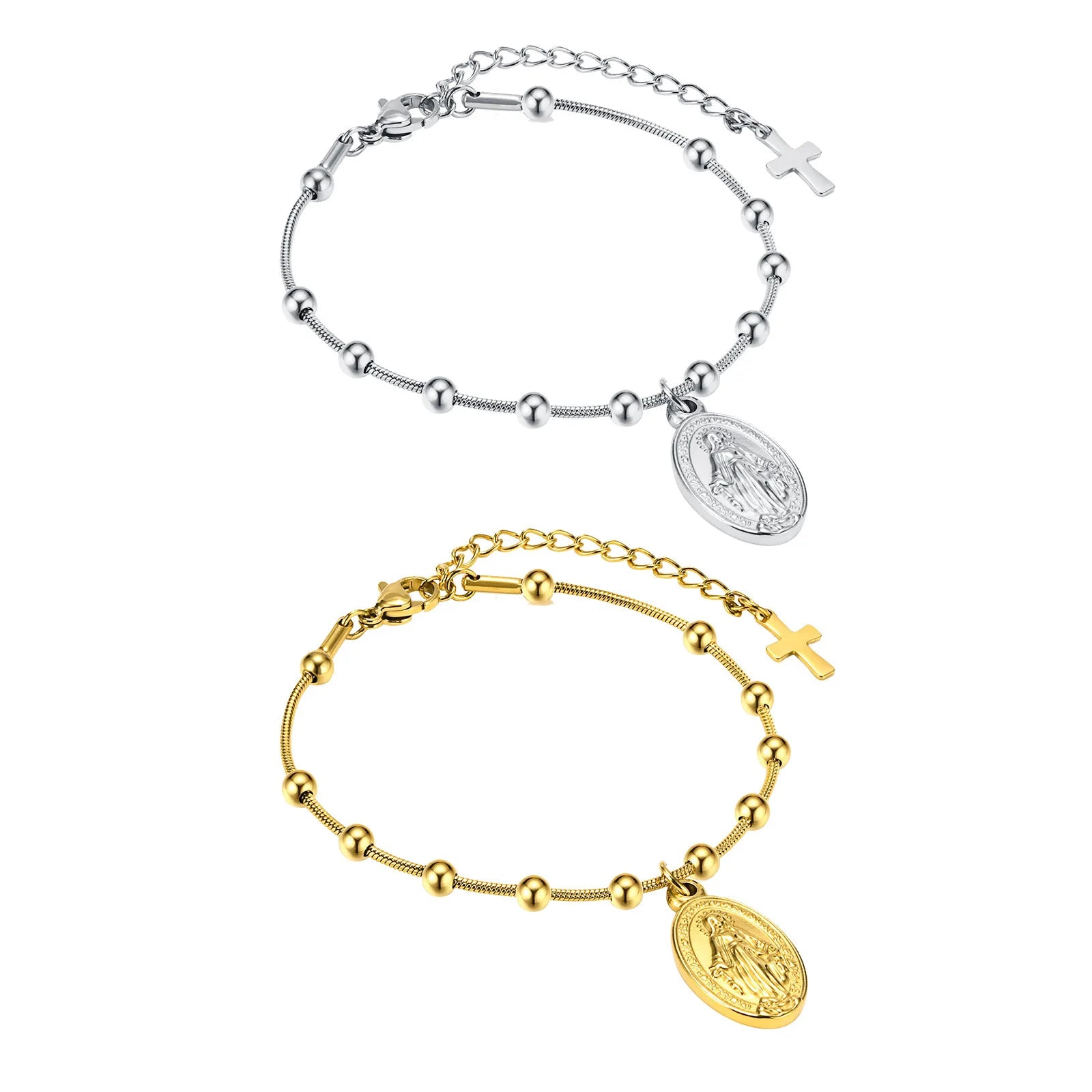 N&S Trendy Stainless Steel Virgin Mary Cross Oval Medal Bead Chain Bracelet Religious Catholic Jewelry Gift for Women