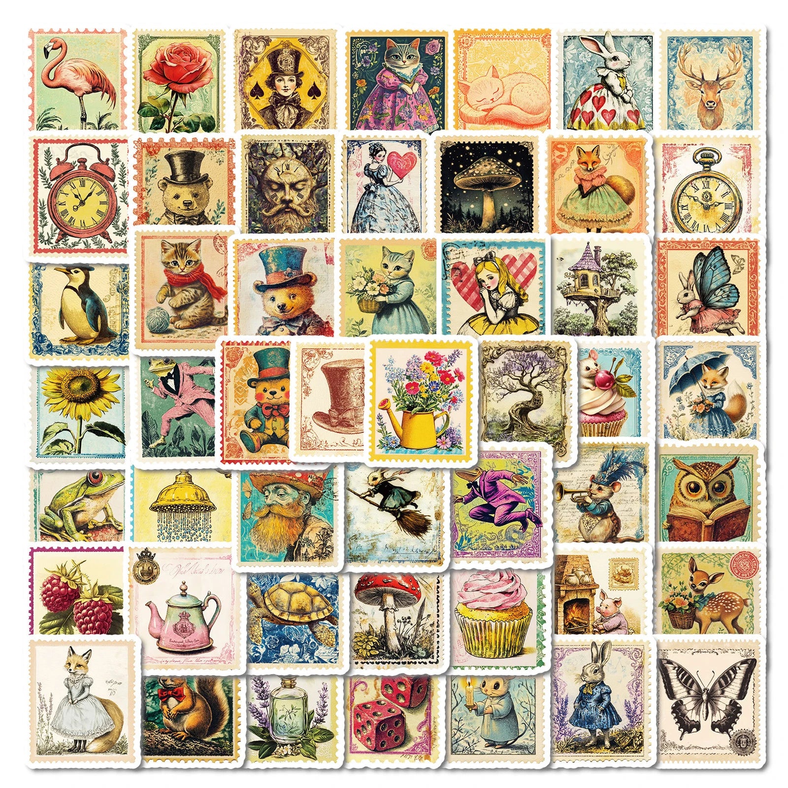 50Pcs Retro Picture Book Stamp Graffiti Stickers for Notebook Bottle Decor Children Storybook Sticker
