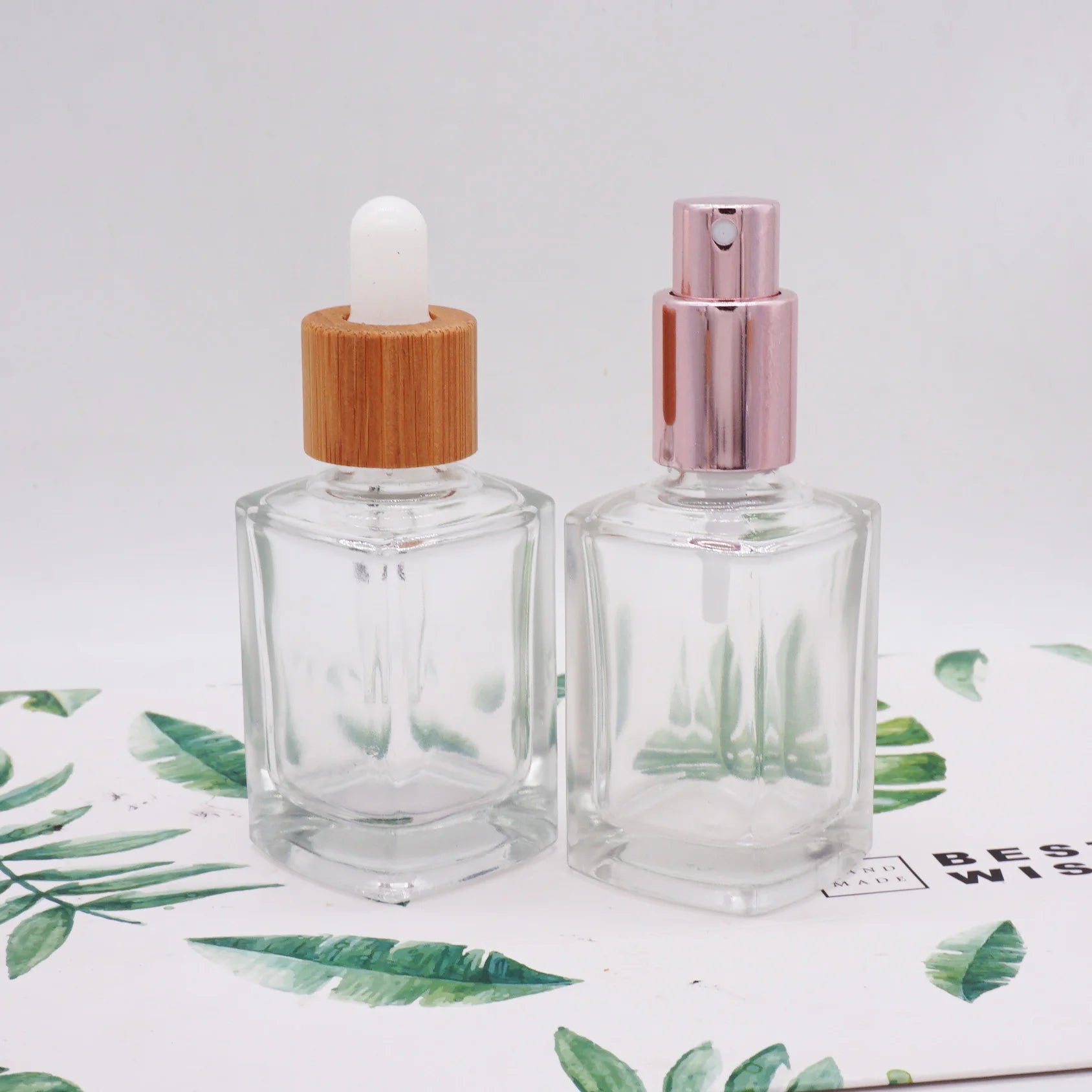 30ml square Glass 20ml Serum Bottle with Rose Gold Fine Mist Lid