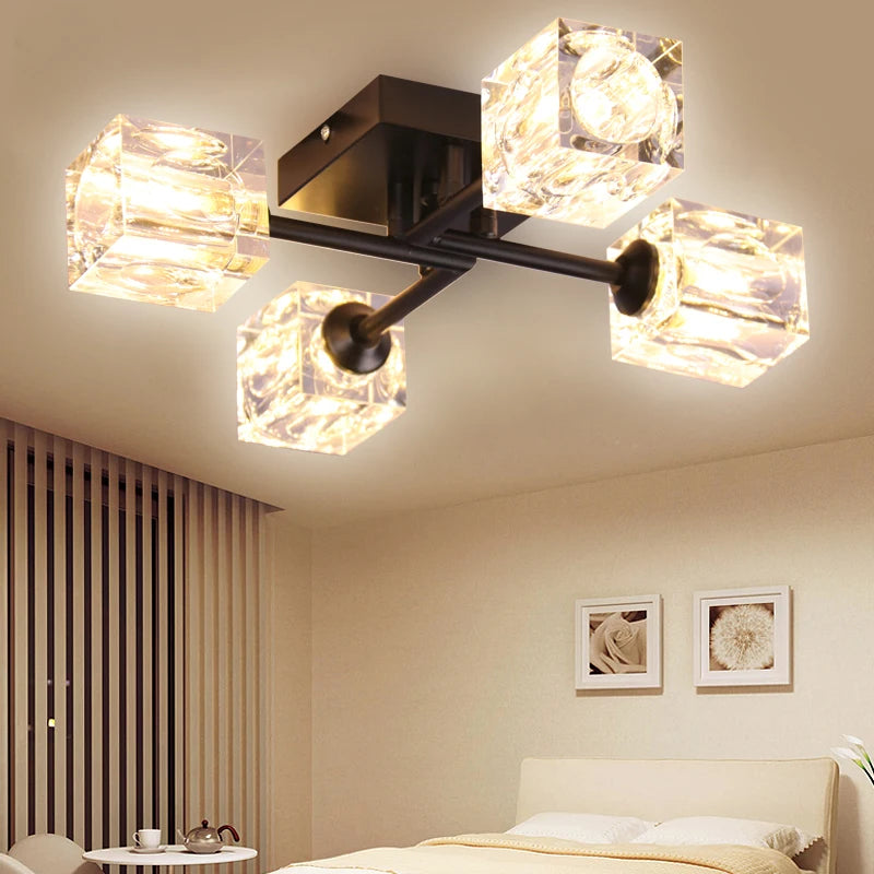 Modern Luxury 4-Square Crystal LED Ceiling Light Fixture Small Size G9 Bulb Bedroom Lamp Chandelier for High Ceilings