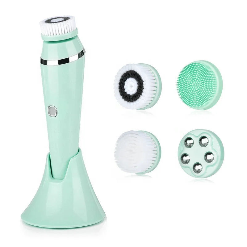 Portable Usb Charging Seat 4 in 1 Silicone Facial Cleansing Brush Electric Vibration Massage Facial Exfoliating Face Brush