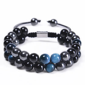 8mm Blue Tiger Eye Stone Hematite Bracelet Double-layer Hand-woven Black Agate Bracelets for Men and Women