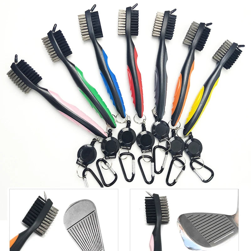 Dual-Sided Retractable Zip Line Golf Club Cleaning Tool Sport Style Divot Tool Steel Spike Plastic Clip Zip Line Brush Cleaner