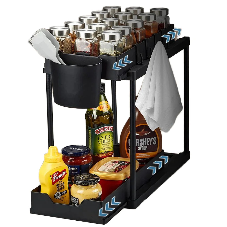 2 Pack 2-Tier Sliding Cabinet Basket with Hooks Multi-Purpose under Sink Organizers for Bathroom and Kitchen Storage Racks