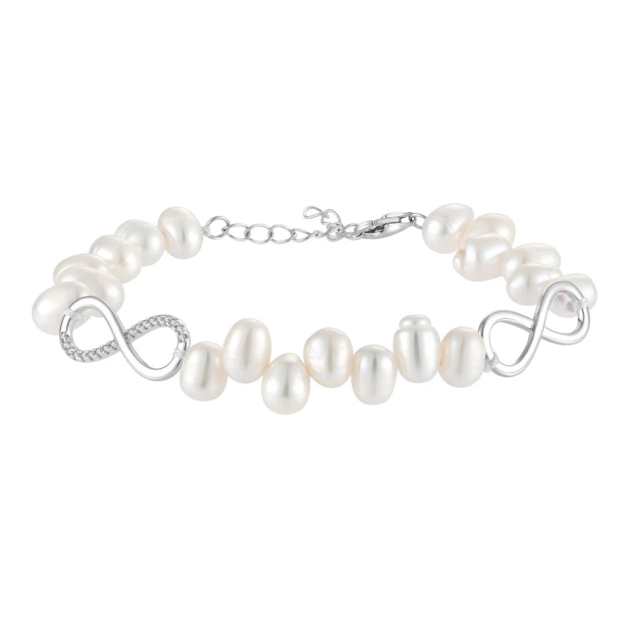 925 Sterling Silver Pearl Bracelet Infinity Symbol Cubic Zirconia Adjustable Bangle