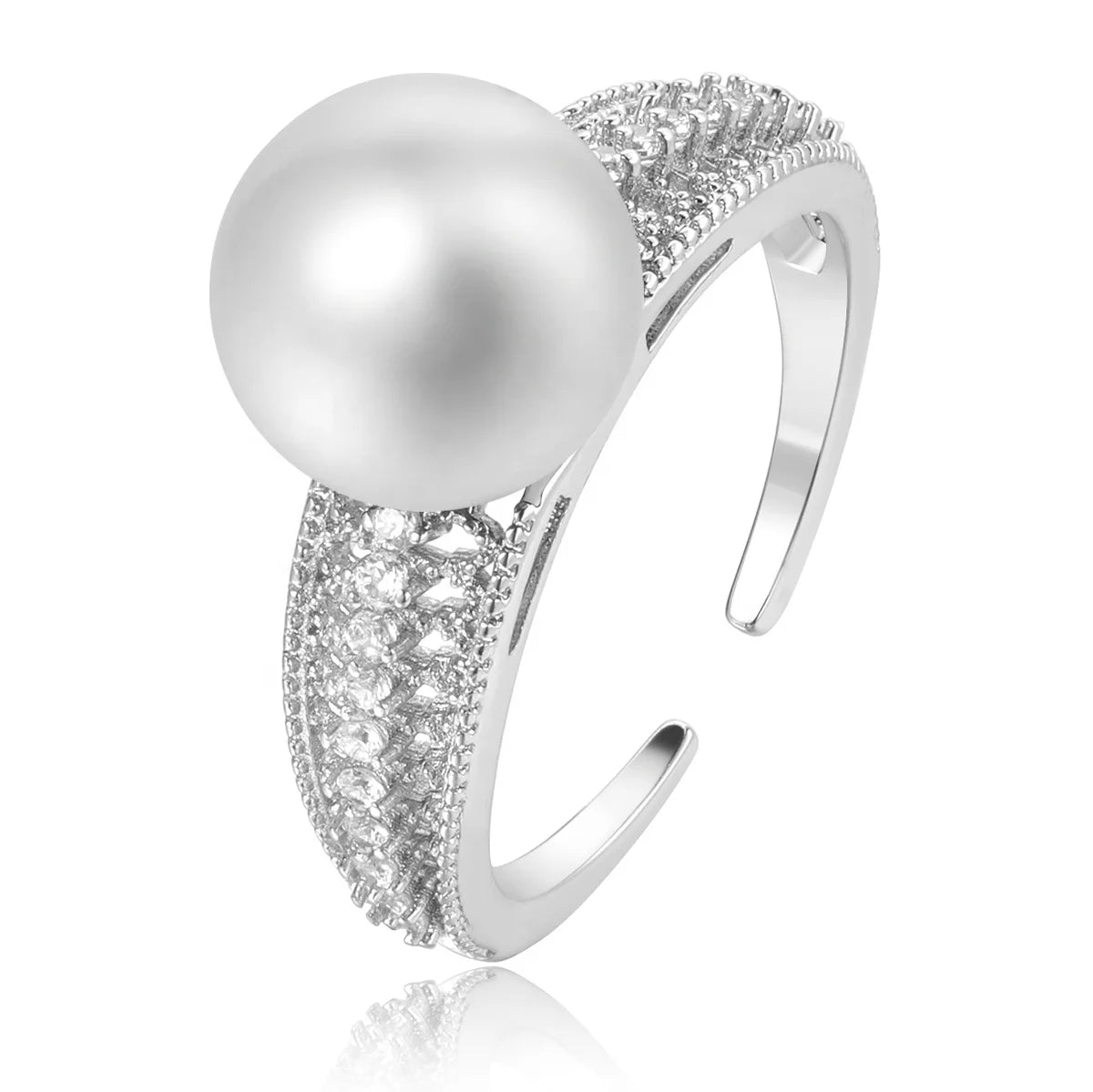 2024 New Trendy Brass Plating Platinum Inlaid Zirconia Open Adjustable High Shine Black White Gray Pearl Rings for Women