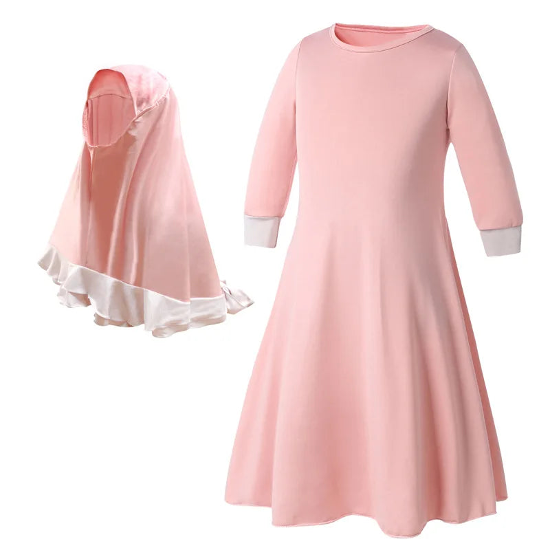 2026 Kids 3Pcs Abaya Set Solid Long Sleeve Maxi Dress Matching Hijab Muslim Girls Eid Ramadan Modest Outfit Factory Wholesale