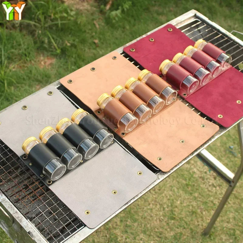 Portable Outdoor Condiment Organizer Waterproof PU Leather Seasoning Pack Bag Outdoor Spice Jar Set Custom Logo Hiking Camping