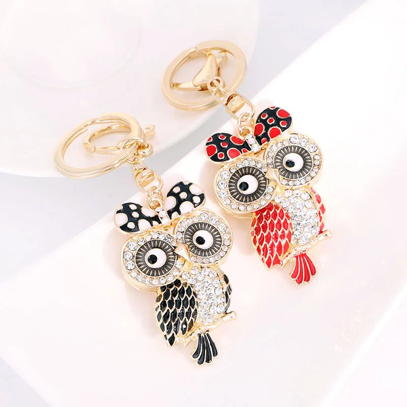 Cute Rhinestone Animals Owl Purse Charm Key Fob Colorful Enamel Bowknot Owl Keychain for Women