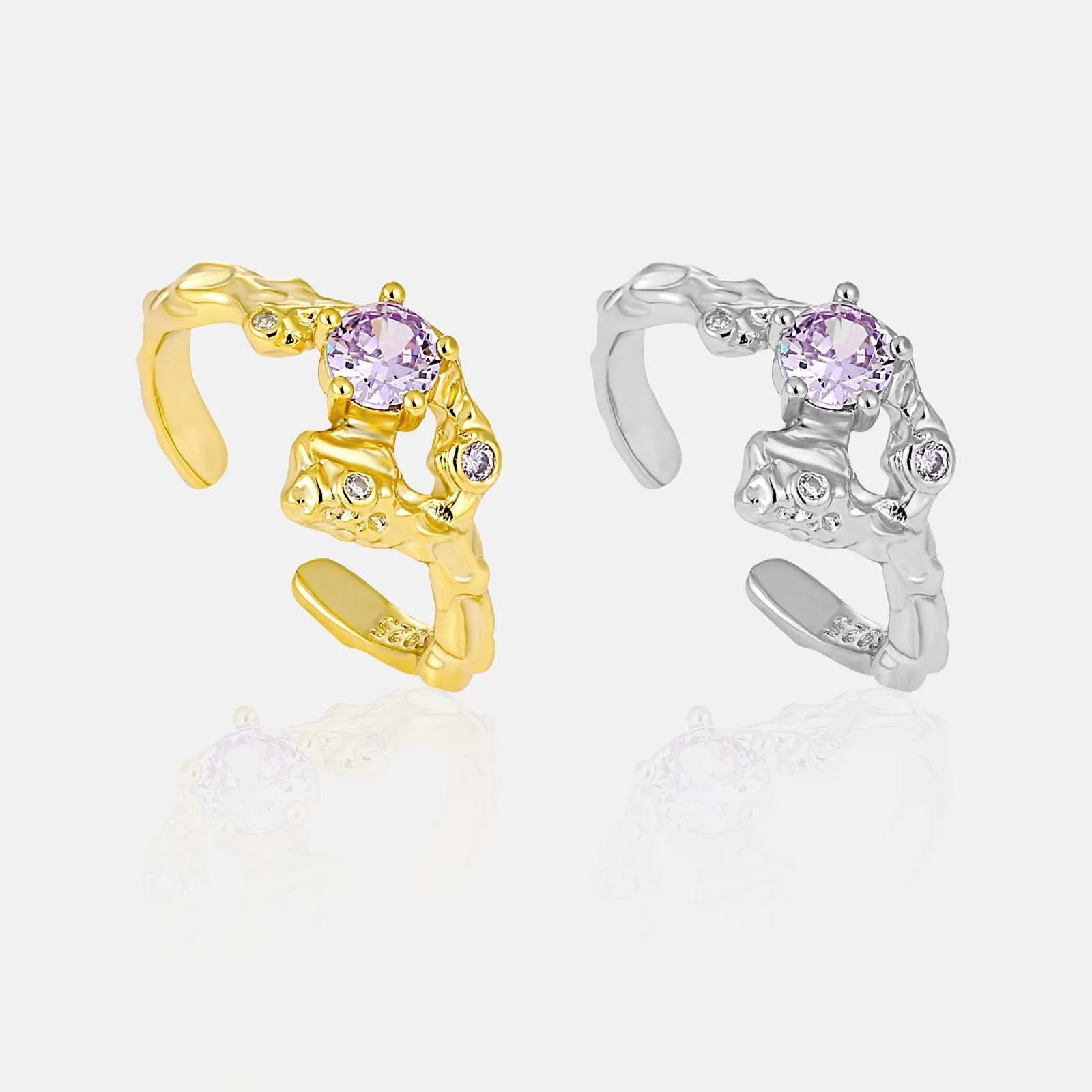 FUAMAY Fashion 925 Sterling Silver Casual Rings Center Purple Zircon Irregular Geometric Ring
