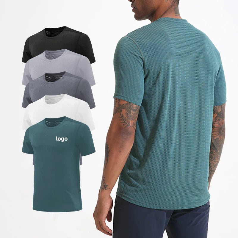 Men's Casual Solid Training Top Breathable Ice Silk Knitted Sports Crewneck Quick-Drying and Sweat-Wicking Short-Sleeved Shirt