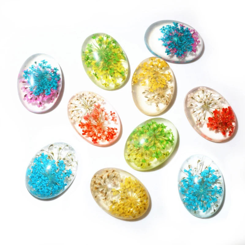 10pcs Fit 18x25mm Blue White and White Yellow and Green Yellow  and Red Natural Dried Flowers Cabochons Cameo