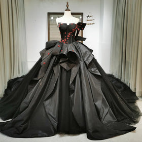 Gothic Black Ball Gown Red Flower Beaded Sweetheart Long Cathedral Bridal Gowns Vintage Lace-Up Corset Satin Rl289