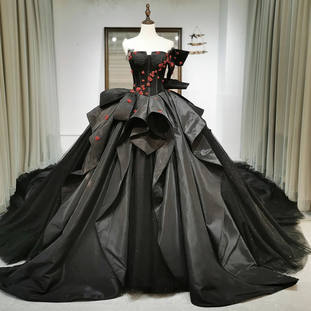 Gothic Black Ball Gown Red Flower Beaded Sweetheart Long Cathedral Bridal Gowns Vintage Lace-Up Corset Satin Rl289