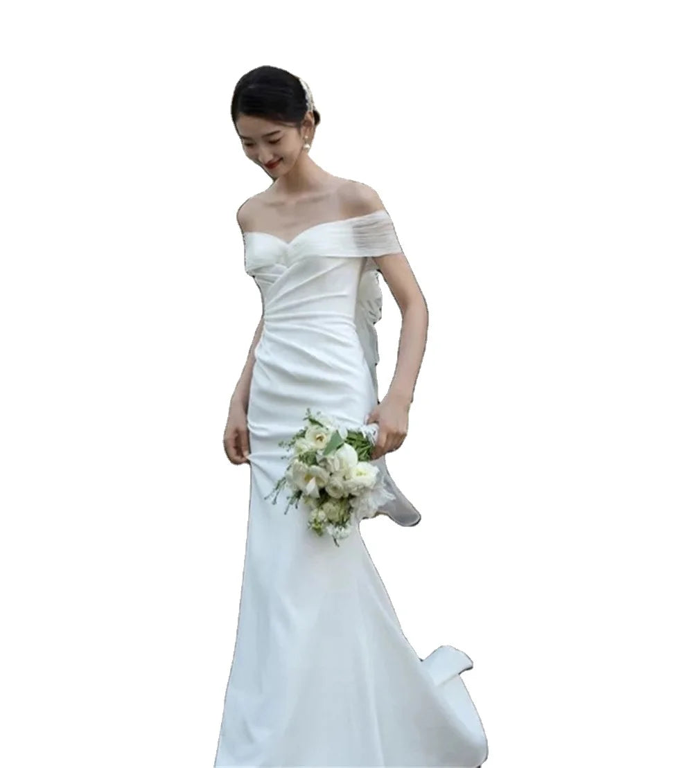 New Satin Simple Small Tail One-shoulder Wedding Dresses Elegant Girls Long Dress Bridal Gown