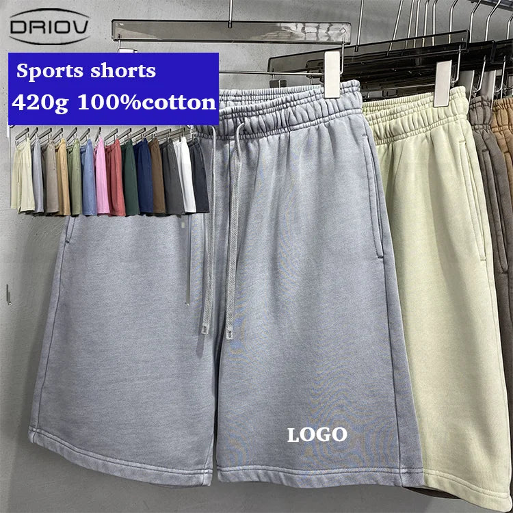 Custom Logo Unisex Summer Sweat 420g Shorts Screen Printing Streetwear Vintage Sun Faded Acid Wash Shorts Heavyweight Cotton Men