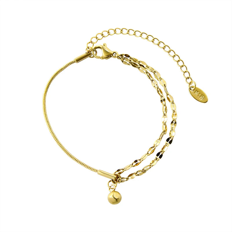 Delicate Versatile Campus Style Double-layer Lip Chain Bracelet Small Steel Ball Pendant Titanium Steel Gold-plated Bracelet