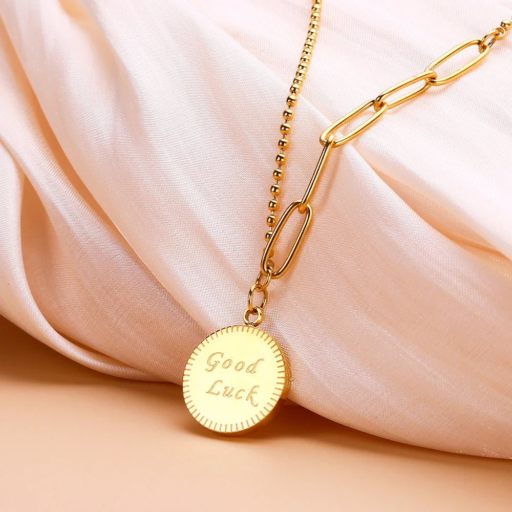 Minimalist Irregular Beads Paper Clip Chain Necklace Round Pendant Necklace Good Luck Stainless Steel Necklace for Women