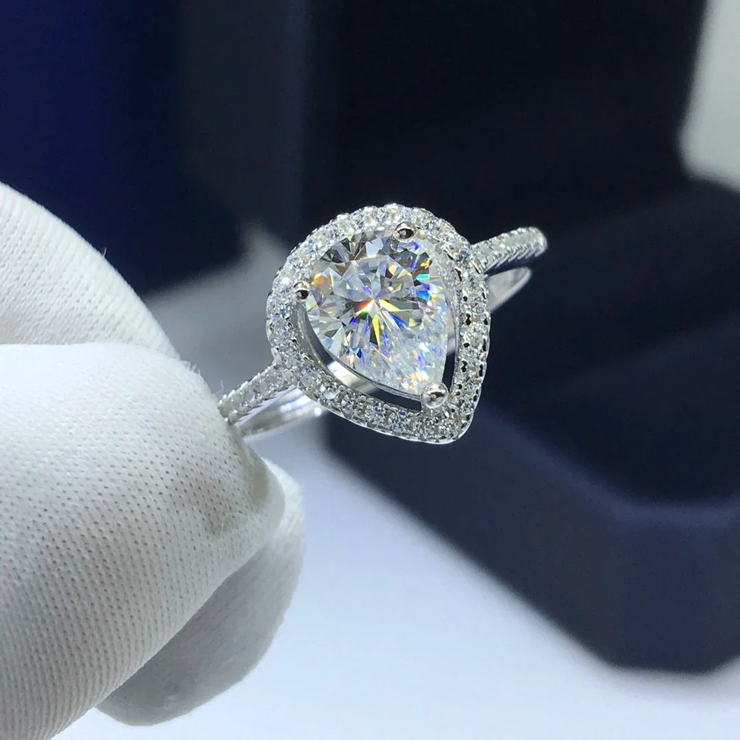 Silver 925 Original 1-2 Carat Brilliant Cut Diamond Test Past D Color Water Drop Moissanite Ring for Women Gemstone Jewelry