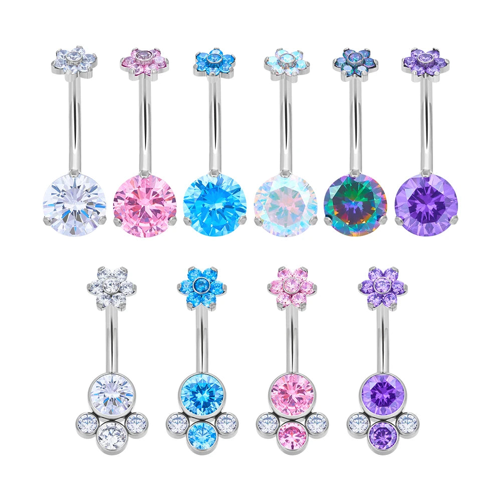 G23 Titanium 14G Belly Button Rings 10mm Flower Pink Daisy Style CZ Inlay Internally Thread Navel Piercing Jewelry