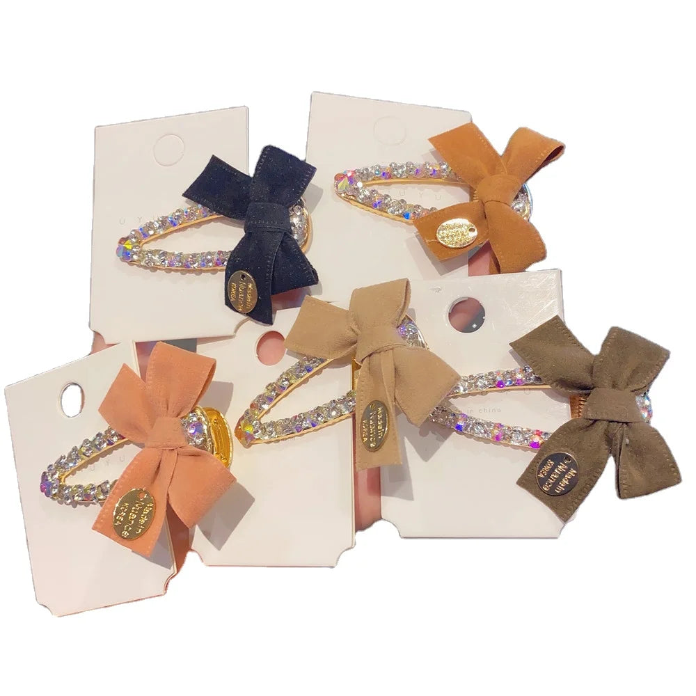 Korean Version of Beautiful Hairpins and Fashionable Flannel Bow and Diamond Hairpins for Women