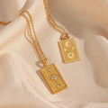 Zircon Moon and Sun Grid Tarot Necklace 18K Gold Plated Square Pendant Necklace for Women