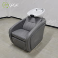 Modern Barbershop Furniture Grey Leather Washing Chair Head Spa Reclining Shampoo Chair with White Ceramic Basin