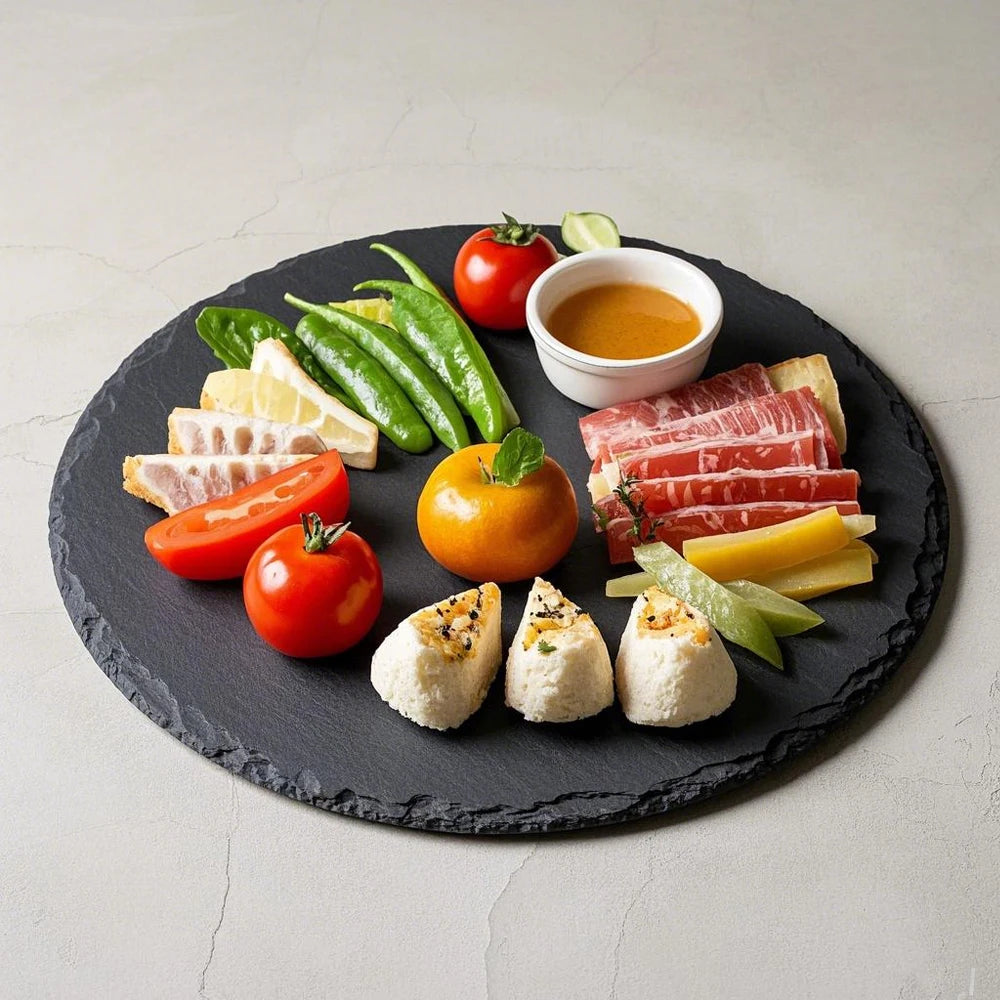 Wholesale 30cm Round Black Batural Slate Stone Cheese Serving Tray Plate Large Cheese Board