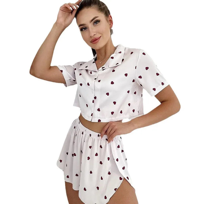 Turn-down Collar Nightie Shorts Fashion Ladies Night Suit Short Sleeve Nightwear Crop Top Printing Women Pajamas Set