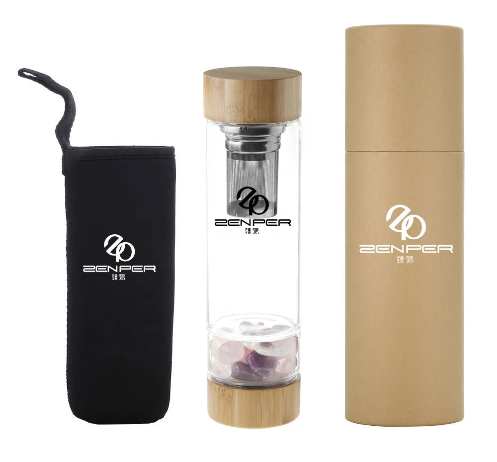 Supplier Custom Logo Healing Crystal Water Bottle Infused Borosilicate Glass Bambood Lid Gemstone Tea Infuser Package
