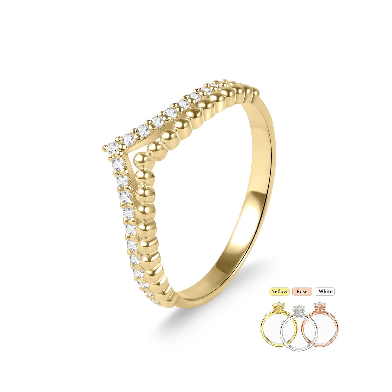 Double V Shape Beaded & Half Pave Diamond Design Ring Double V Lab Grown Diamond Ring in Real 14K Yellow Gold All Sizes