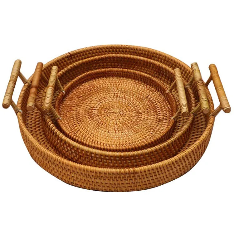 Wholesale New Products 100% Handmade Natural Eco-friendly Hotel Kitchen Rattan Serving Basket Tray with Handles