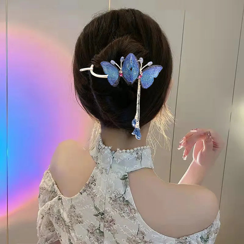 Light Luxury Crystal Tassel Butterfly Hair Clip for Women Elegant Hair Ponytail Buckle Clip Rhinestone Hair Claw