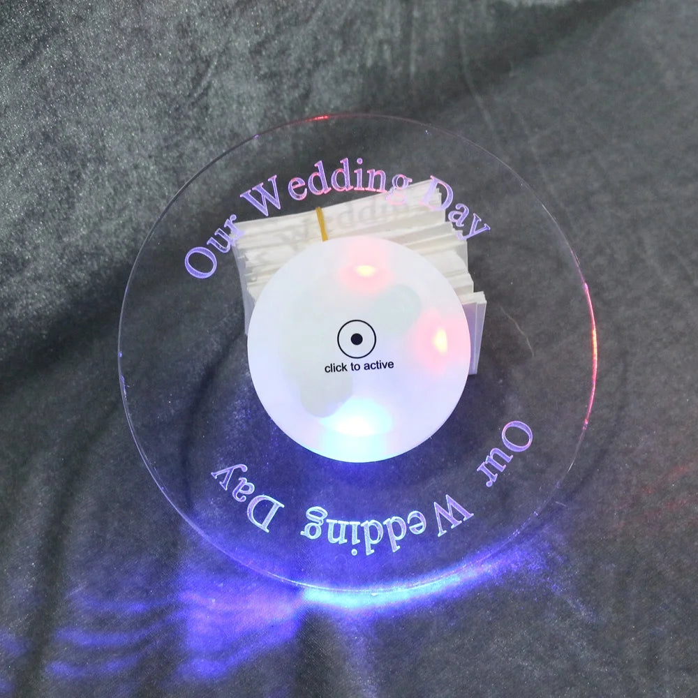 Wedding Party Fancy Coasters Round Shape Engraved Text Transparent LED Acrylic Coaster with Custom Design MegaBDM