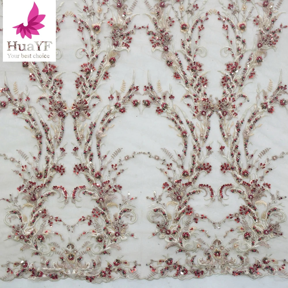 Top End Heavy Handmade 3d Beaded Pearls Lace With Sequins High Quality French Embroidery pink Wholesale 5 Yards HY1718-4