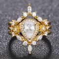 CAOSHI Luxury Crown Design Pear Shaped Sparkling Crystal 3A Zircon 3Pcs Sets Rings for Women Engagement Gold Plated CZ Rings OEM
