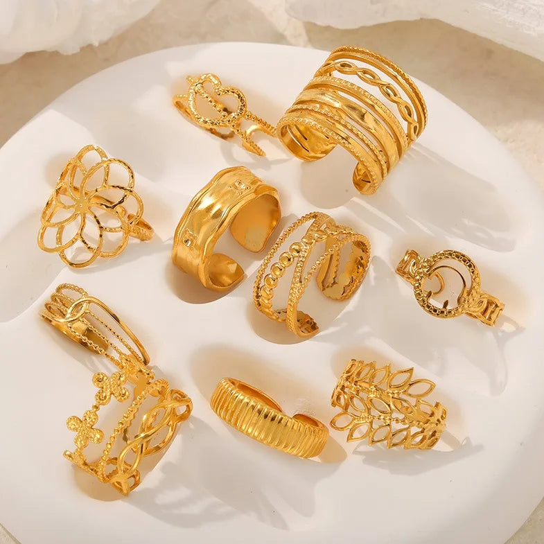 Bohemian Jewelry Stainless Steel 18k Gold Open Rings Women Vintage Geometric Multilayer Hollow Chunky Finger Ring Set Anillos
