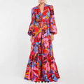2021 New Lady Clothes Bohemian Dresses Women Long Sleeves Summer Casual Christmas Style Red Flower Dress