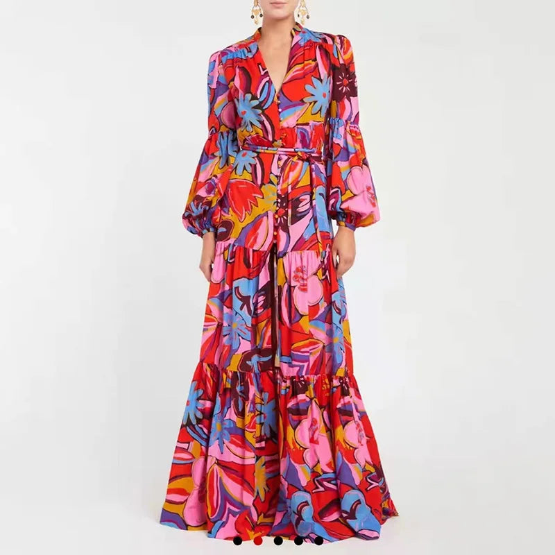 2021 New Lady Clothes Bohemian Dresses Women Long Sleeves Summer Casual Christmas Style Red Flower Dress