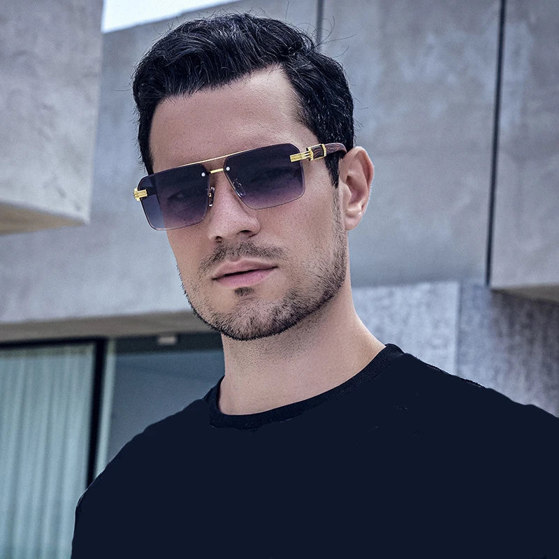 2023 Newest Metal Rimless Cut Edge Double Beam Men Eyeglasses Female Personalized Double Bridge Wood Grain Sunglasses